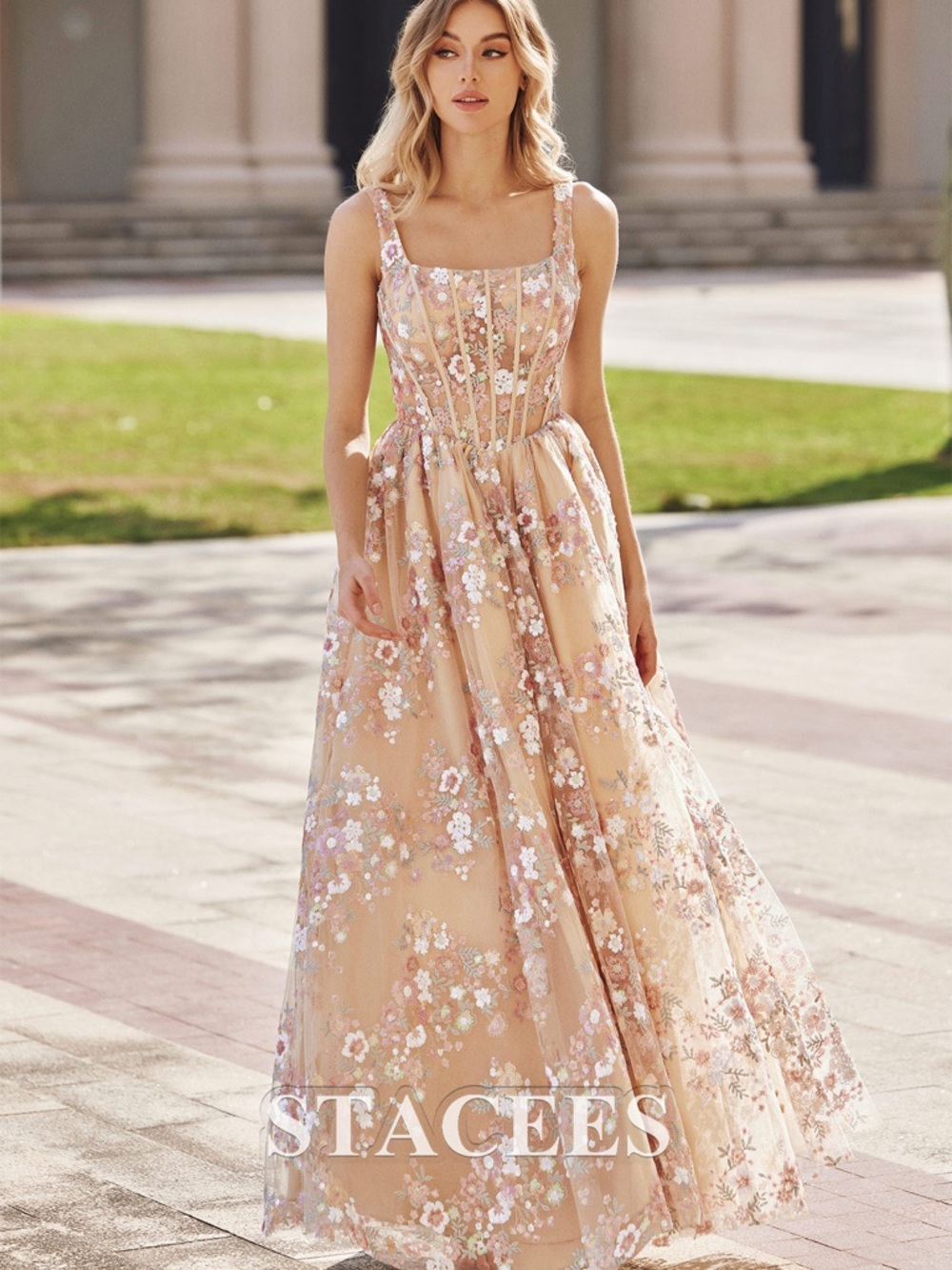 A-Line Square Neckline Sleeveless Floor-Length Tulle Dress with Sequins
